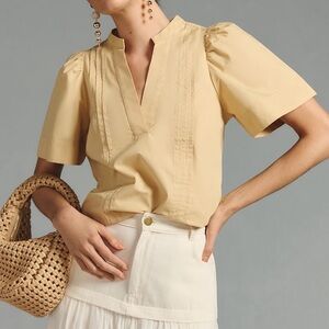 Anthropologie Maeve Khaki Pin Tuck Puff Sleeve L